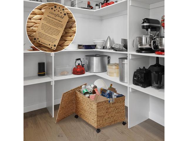 Casafield Rolling Storage Basket Cart with Lid and Locking Wheels, Natural - Handwoven Water Hyacinth Divided Recycling Sorting Bin for Kitchen,...