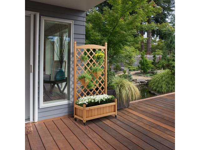 Casafield 48' Raised Garden Bed with Trellis - Wooden Diamond Lattice for Climbing Plants and Planter Box with Drainage Holes and Wheels