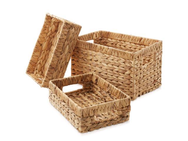 Casafield Set of 3 Water Hyacinth Storage Baskets with Handles - 1-Medium, 2-Small Woven Organizers for Bathroom, Laundry, Pantry, Office, Shelves