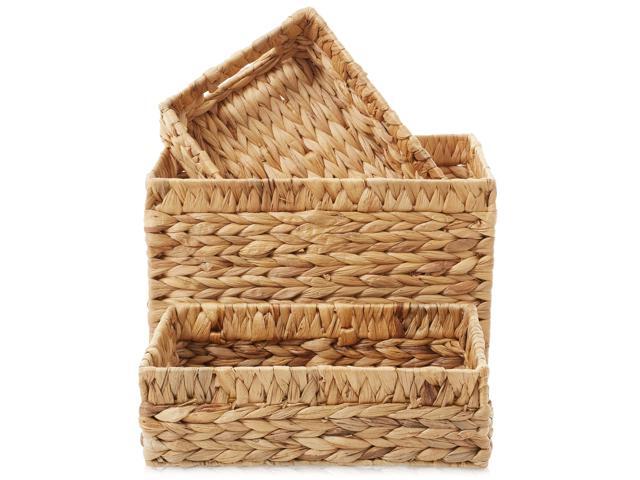 Casafield Set of 3 Water Hyacinth Storage Baskets with Handles - 1-Medium, 2-Small Woven Organizers for Bathroom, Laundry, Pantry, Office, Shelves
