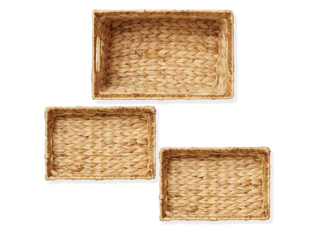 Casafield Set of 3 Water Hyacinth Storage Baskets with Handles - 1-Medium, 2-Small Woven Organizers for Bathroom, Laundry, Pantry, Office, Shelves