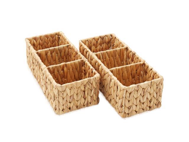 Casafield Set of 2 Water Hyacinth Basket Organizers with 3 Sections, Natural - Woven Storage Bins for Bathroom, Laundry, Pantry, Office, Shelves