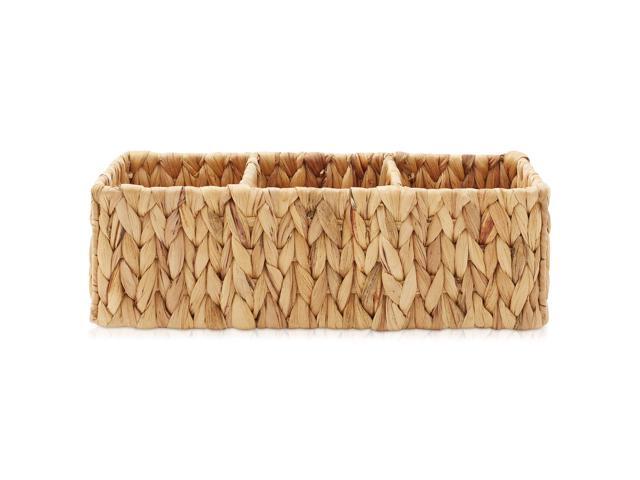 Casafield Set of 2 Water Hyacinth Basket Organizers with 3 Sections, Natural - Woven Storage Bins for Bathroom, Laundry, Pantry, Office, Shelves