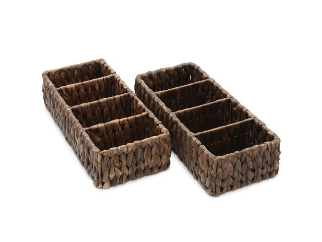 Casafield Set of 2 Water Hyacinth Basket Organizers with 4 Sections, Espresso - Woven Storage Bins for Bathroom, Laundry, Pantry, Office, Shelves