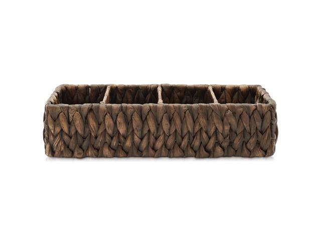 Casafield Set of 2 Water Hyacinth Basket Organizers with 4 Sections, Espresso - Woven Storage Bins for Bathroom, Laundry, Pantry, Office, Shelves