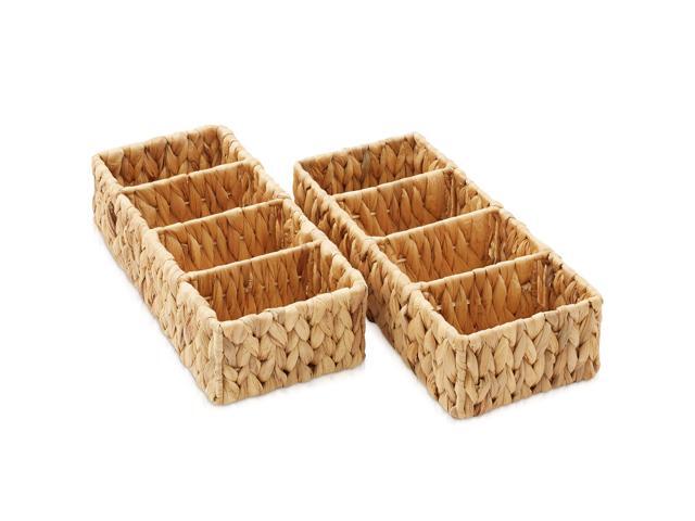 Casafield Set of 2 Water Hyacinth Basket Organizers with 4 Sections, Natural - Woven Storage Bins for Bathroom, Laundry, Pantry, Office, Shelves