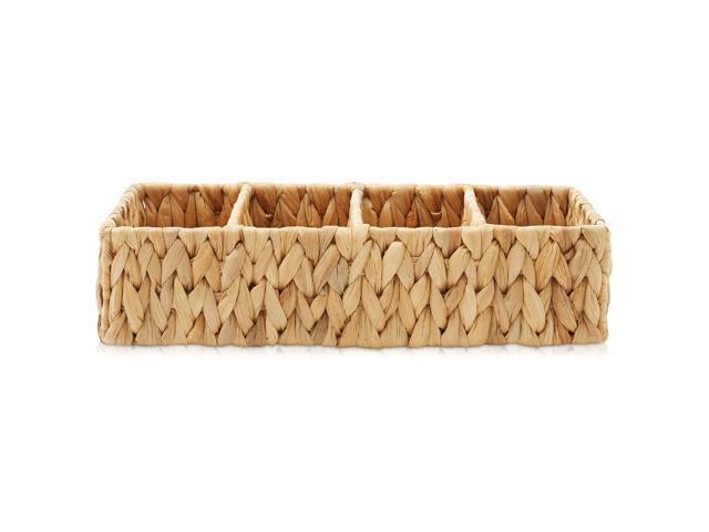 Casafield Set of 2 Water Hyacinth Basket Organizers with 4 Sections, Natural - Woven Storage Bins for Bathroom, Laundry, Pantry, Office, Shelves