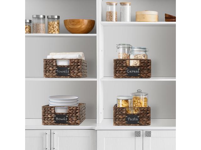 Casafield Set of 4 Water Hyacinth Pantry Baskets, 10' x 13' x 5', with Chalkboard Labels and Chalk Marker - Espresso, Woven Storage Bin Organizers...