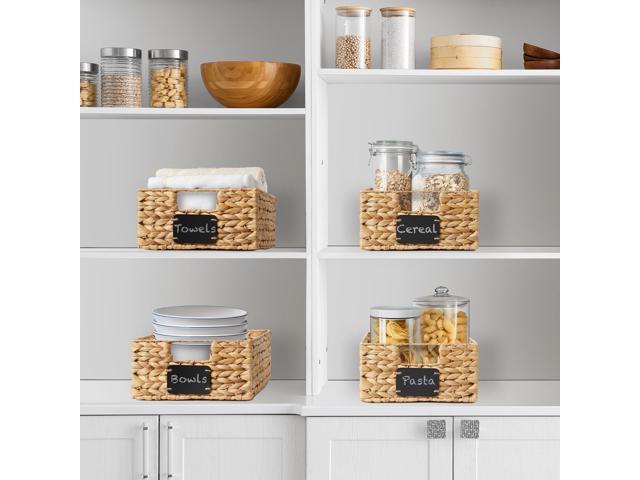 Casafield Set of 4 Water Hyacinth Pantry Baskets, 10' x 13' x 5', with Chalkboard Labels and Chalk Marker - Natural, Woven Storage Bin Organizers...
