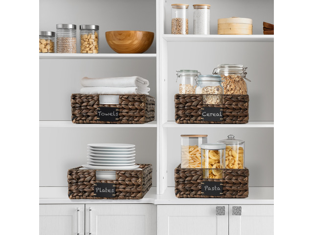 Casafield Set of 4 Water Hyacinth Pantry Baskets, 12-1/2' x 17' x 5', with Chalkboard Labels and Chalk Marker - Espresso, Woven Storage Bin...
