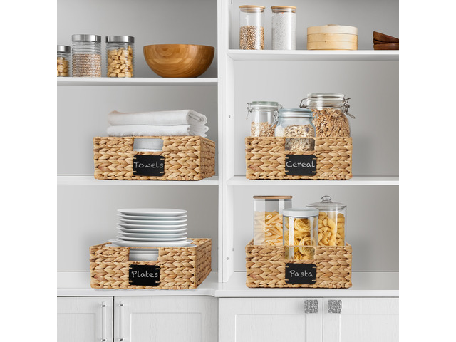 Casafield Set of 4 Water Hyacinth Pantry Baskets, 12-1/2' x 17' x 5', with Chalkboard Labels and Chalk Marker - Natural, Woven Storage Bin...