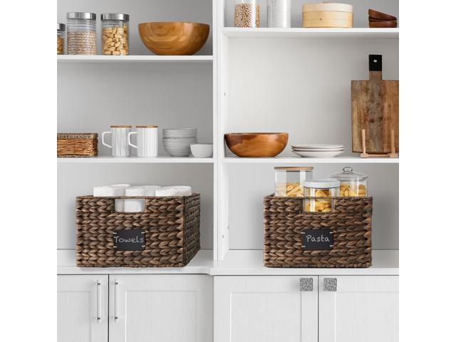 Casafield Set of 2 Water Hyacinth Pantry Baskets, 12-1/2' x 17' x 8', with Chalkboard Labels and Chalk Marker - Espresso, Woven Storage Bin...