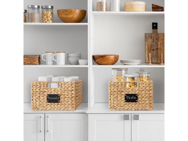 Casafield Set of 2 Water Hyacinth Pantry Baskets, 12-1/2' x 17' x 8', with Chalkboard Labels and Chalk Marker - Natural, Woven Storage Bin...