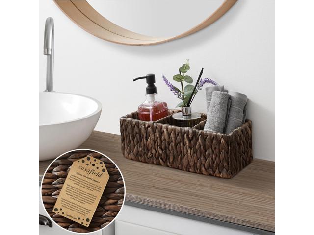 Casafield Set of 2 Water Hyacinth Basket Organizers with 3 Sections, Espresso - Woven Storage Bins for Bathroom, Laundry, Pantry, Office, Shelves