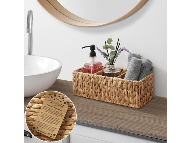 Casafield Set of 2 Water Hyacinth Basket Organizers with 3 Sections, Natural - Woven Storage Bins for Bathroom, Laundry, Pantry, Office, Shelves