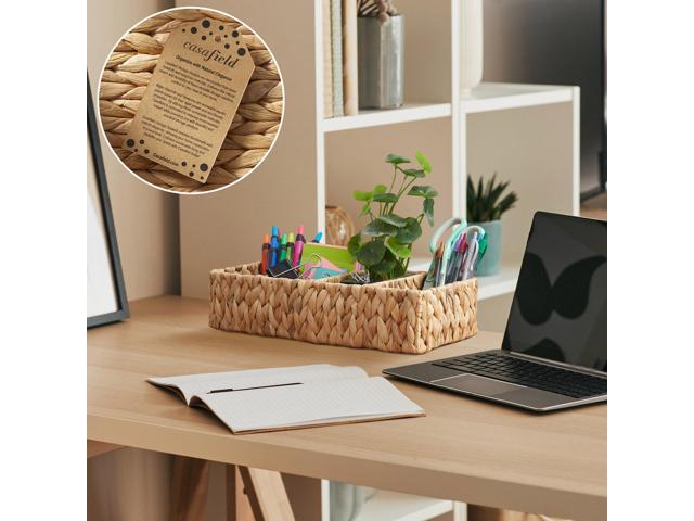 Casafield Set of 2 Water Hyacinth Basket Organizers with 4 Sections, Natural - Woven Storage Bins for Bathroom, Laundry, Pantry, Office, Shelves
