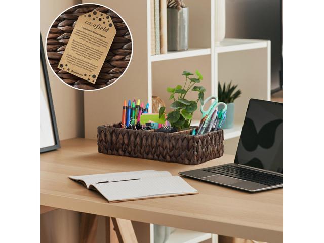 Casafield Set of 2 Water Hyacinth Basket Organizers with 4 Sections, Espresso - Woven Storage Bins for Bathroom, Laundry, Pantry, Office, Shelves