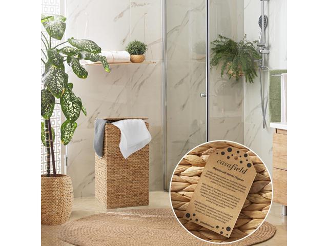 Casafield Laundry Hamper with Lid and Removable Liner Bag - Natural, Woven Water Hyacinth Square Laundry Basket Sorter for Clothes and Towels