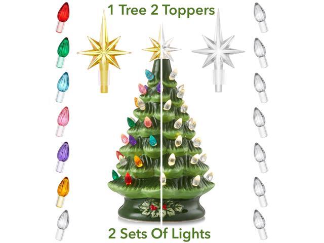 Casafield Hand Painted Ceramic Christmas Tree, Green 12-Inch Pre-Lit Tree with 100 Multi Color Lights and 2 Star Toppers