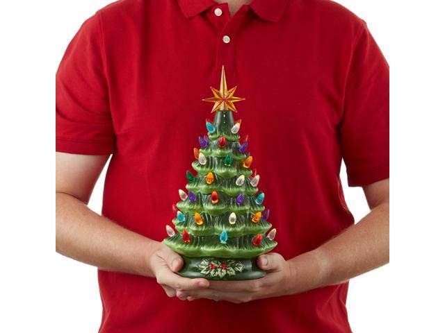 Casafield Hand Painted Ceramic Christmas Tree, Green 12-Inch Pre-Lit Tree with 100 Multi Color Lights and 2 Star Toppers