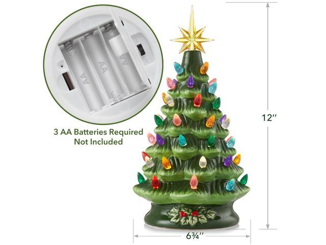 Casafield Hand Painted Ceramic Christmas Tree, Green 12-Inch Pre-Lit Tree with 100 Multi Color Lights and 2 Star Toppers