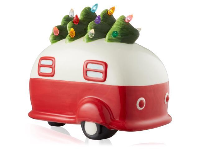 Casafield Hand Painted Ceramic Christmas Camper with Tree, Red and White Pre-Lit RV Trailer with Green Tree and 16 Multi Color Lights