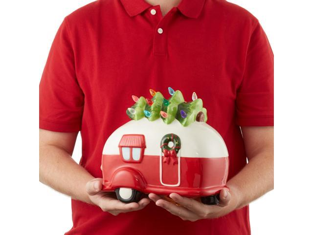 Casafield Hand Painted Ceramic Christmas Camper with Tree, Red and White Pre-Lit RV Trailer with Green Tree and 16 Multi Color Lights