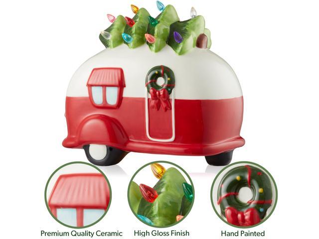Casafield Hand Painted Ceramic Christmas Camper with Tree, Red and White Pre-Lit RV Trailer with Green Tree and 16 Multi Color Lights