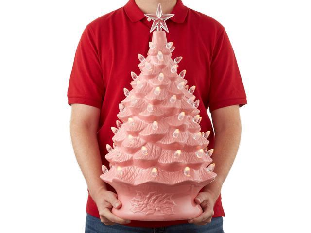 Casafield Hand Painted Ceramic Christmas Tree, Pink 24-Inch Pre-Lit Tree with 148 Multi Color Lights and 2 Star Toppers
