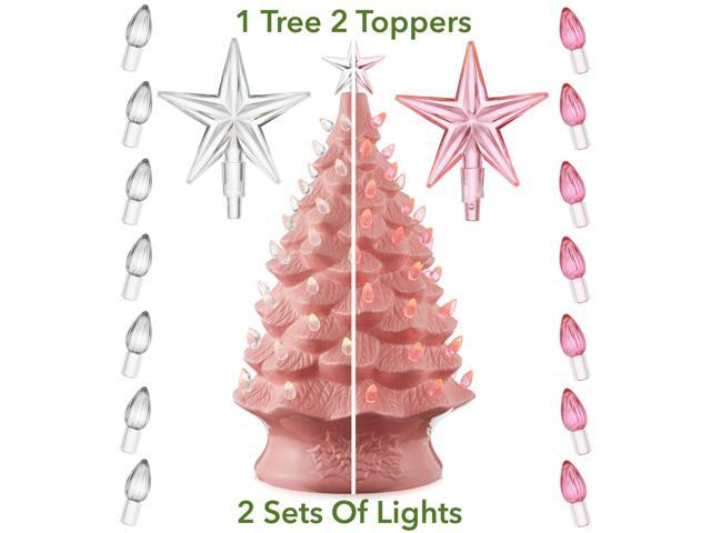 Casafield Hand Painted Ceramic Christmas Tree, Pink 24-Inch Pre-Lit Tree with 148 Multi Color Lights and 2 Star Toppers