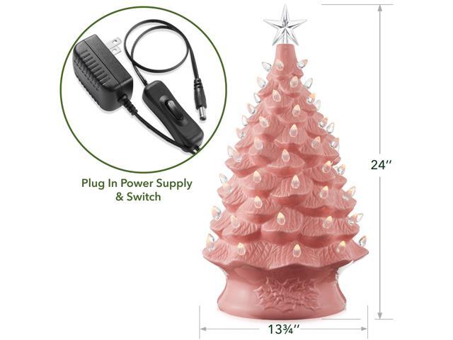 Casafield Hand Painted Ceramic Christmas Tree, Pink 24-Inch Pre-Lit Tree with 148 Multi Color Lights and 2 Star Toppers