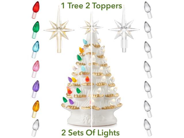 Casafield Hand Painted Ceramic Christmas Tree, White 12-Inch Pre-Lit Tree with 100 Multi Color Lights and 2 Star Toppers