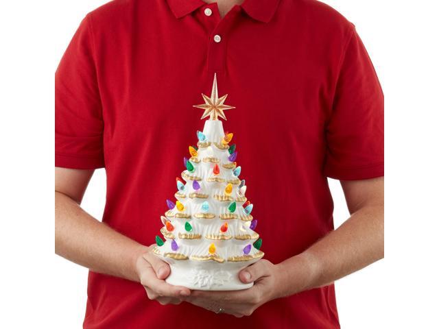 Casafield Hand Painted Ceramic Christmas Tree, White 12-Inch Pre-Lit Tree with 100 Multi Color Lights and 2 Star Toppers