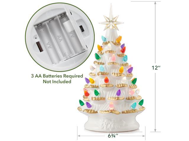 Casafield Hand Painted Ceramic Christmas Tree, White 12-Inch Pre-Lit Tree with 100 Multi Color Lights and 2 Star Toppers