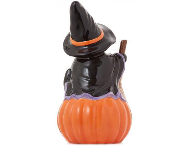 Casafield Ceramic Halloween Black Cat on Pumpkin, Hand Painted Pre-Lit LED Jack-o-Lantern Pumpkin Tabletop Decor