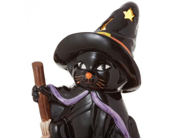 Casafield Ceramic Halloween Black Cat on Pumpkin, Hand Painted Pre-Lit LED Jack-o-Lantern Pumpkin Tabletop Decor
