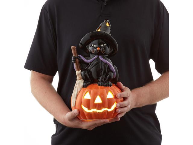 Casafield Ceramic Halloween Black Cat on Pumpkin, Hand Painted Pre-Lit LED Jack-o-Lantern Pumpkin Tabletop Decor