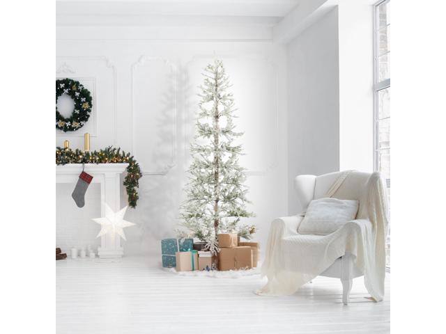Casafield 7.5FT Pre-Lit Sparse Flocked Pine Artificial Holiday Christmas Tree, Warm White and Multicolored LED Lights with Sturdy Metal Stand