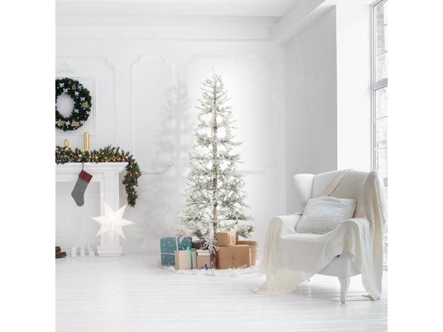 Casafield 6.5FT Pre-Lit Sparse Flocked Pine Artificial Holiday Christmas Tree, Warm White and Multicolored LED Lights with Sturdy Metal Stand