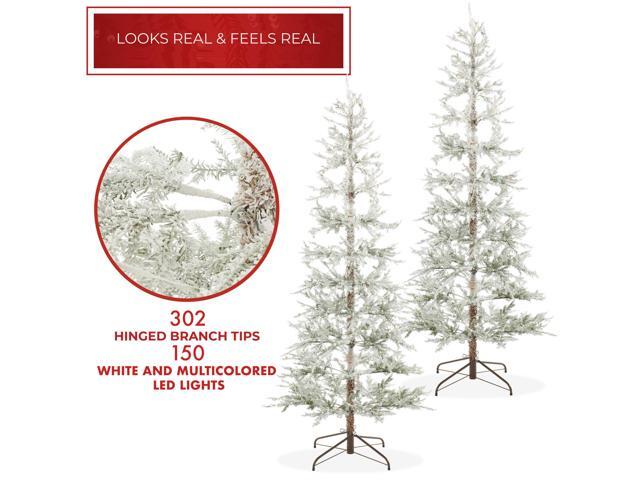 Casafield 6.5FT Pre-Lit Sparse Flocked Pine Artificial Holiday Christmas Tree, Warm White and Multicolored LED Lights with Sturdy Metal Stand