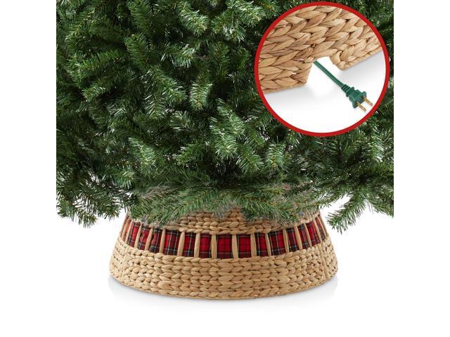Casafield 24-Inch Christmas Tree Collar, Water Hyacinth Woven Farmhouse Tree Base Cover with Cord Cut Out, Natural