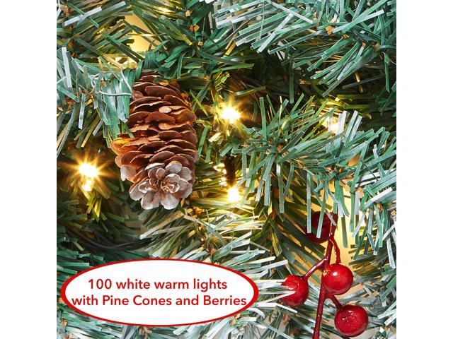 Casafield Pre-Lit Artificial Christmas Garland, 9FT Pre-Decorated Snow-Flocked Garland with 100 White Lights, Pine Cones, Berries Indoor/Outdoor...