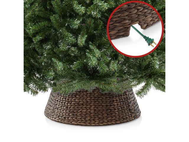 Casafield 24-Inch Christmas Tree Collar, Woven Water Hyacinth Tree Base Cover with Cord Cut Out, Espresso