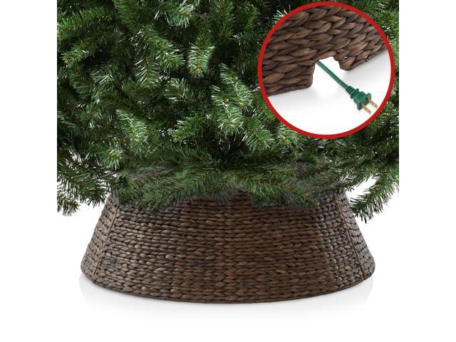 Casafield 32-Inch Christmas Tree Collar, Woven Water Hyacinth Tree Base Cover with Cord Cut Out, Espresso