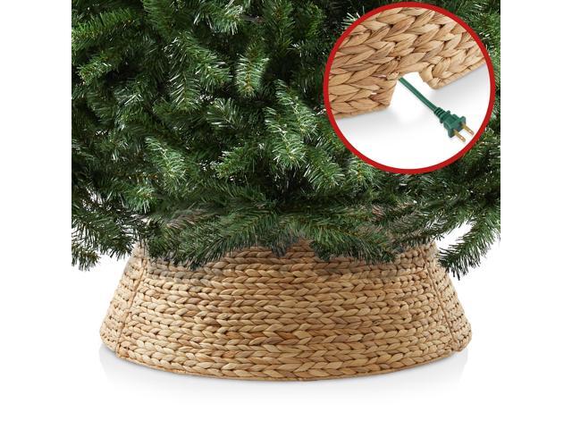 Casafield 32-Inch Christmas Tree Collar, Woven Water Hyacinth Tree Base Cover with Cord Cut Out, Natural