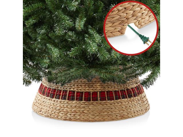 Casafield 32-Inch Christmas Tree Collar, Water Hyacinth Woven Farmhouse Tree Base Cover with Cord Cut Out, Natural
