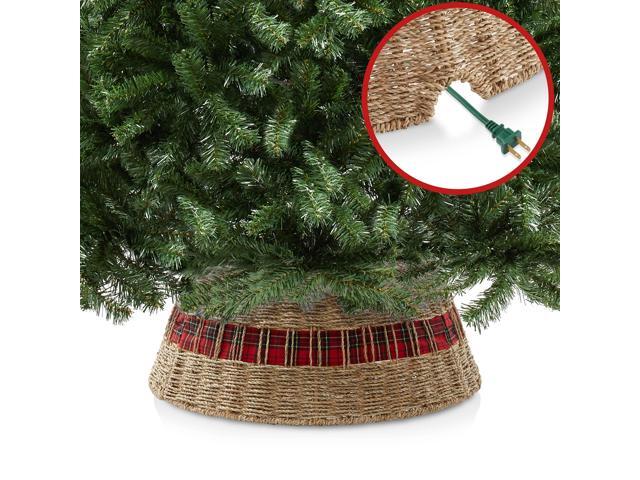 Casafield 24-Inch Christmas Tree Collar, Seagrass Woven Farmhouse Tree Base Cover with Cord Cut Out, Natural