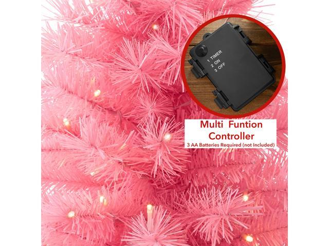 Casafield 2FT Pre-Lit Artificial Mini Christmas Tree, Pink Tabletop Holiday Tree with White Lights and Velvet Bag Base
