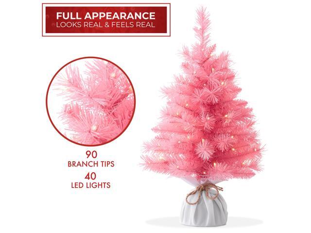 Casafield 2FT Pre-Lit Artificial Mini Christmas Tree, Pink Tabletop Holiday Tree with White Lights and Velvet Bag Base