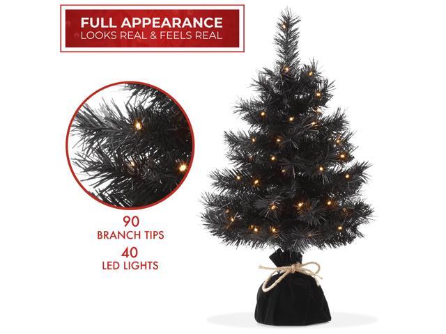 Casafield 2FT Pre-Lit Artificial Mini Christmas Tree, Black Tabletop Holiday Tree with White Lights and Velvet Bag Base